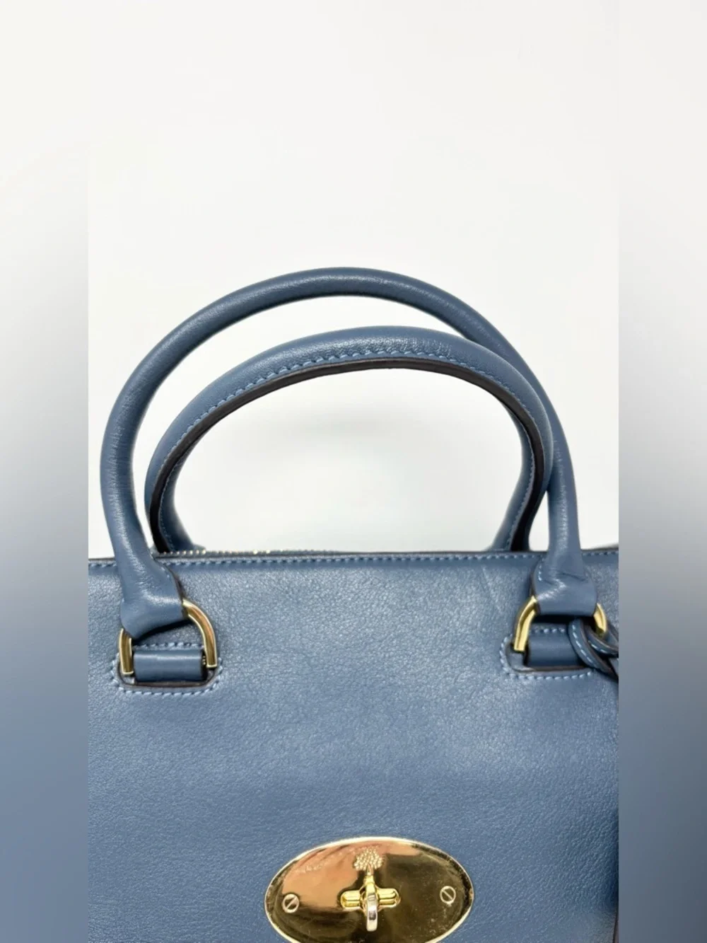 Mulberry Del Rey Slate Blue Leather Satchel Top Handle Bag Gold Hardware Medium